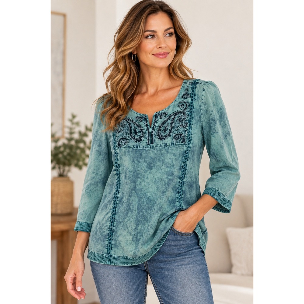 Soft Surroundings Top Women XS Teal Acid Wash Embroidered Boho Artsy Paisley